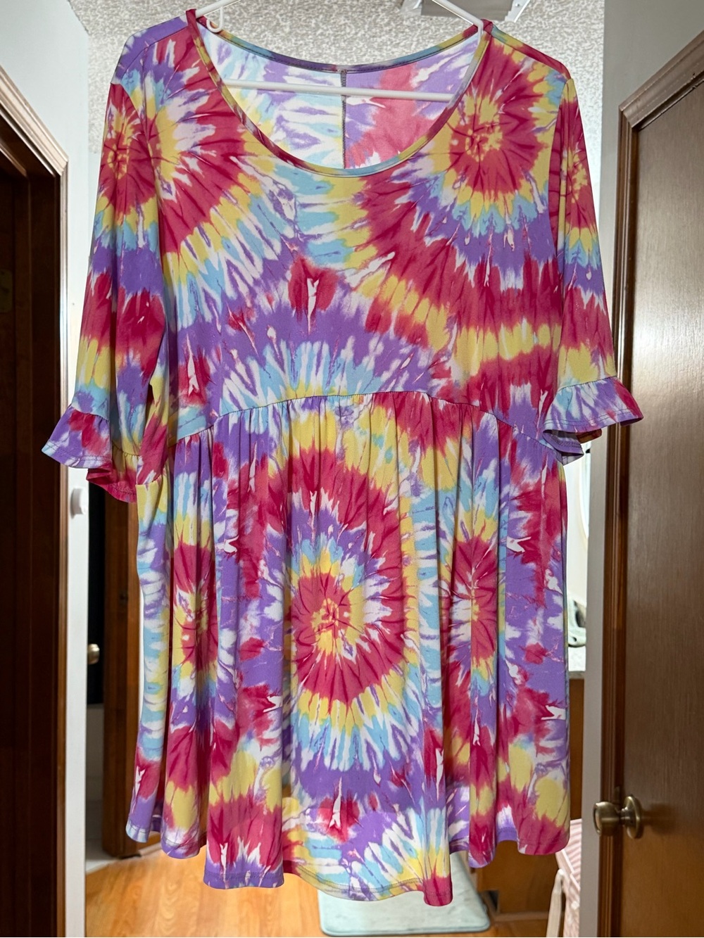 Women’s Tie-Dye Ruffle Sleeve Babydoll Top - Pink & Purple